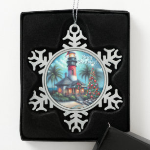 Whimsical Tropical Christmas Lighthouse Aquamarin Schneeflocken Zinn-Ornament
