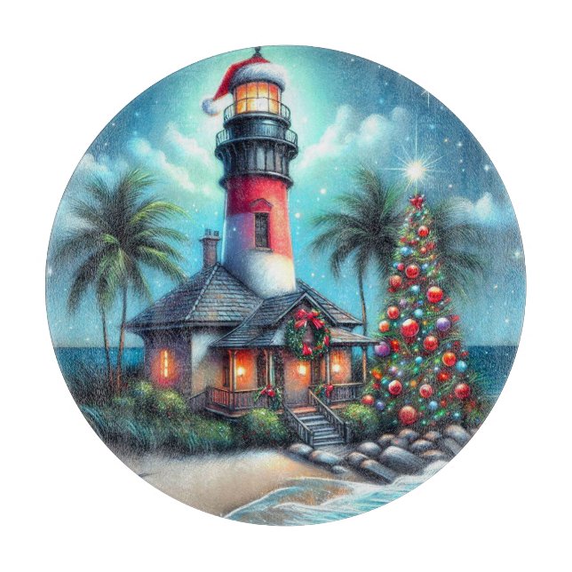 Whimsical Tropical Christmas Lighthouse Aquamarin  Schneidebrett (Vorderseite)