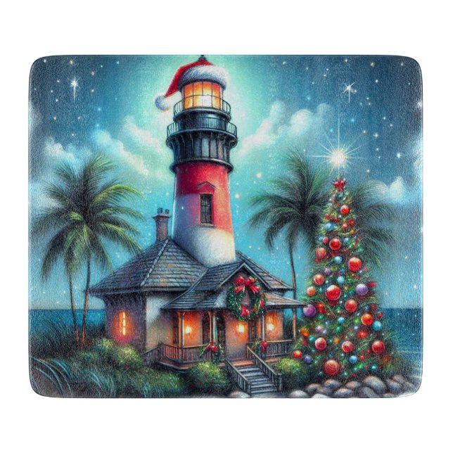 Whimsical Tropical Christmas Lighthouse Aquamarin  Schneidebrett (Vorderseite)