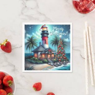 Whimsical Tropical Christmas Lighthouse Aquamarin Serviette