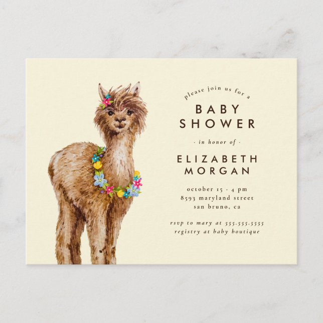 Whimsical Tropical Watercolor Alpaca Babydusche Einladungspostkarte (Vorderseite)