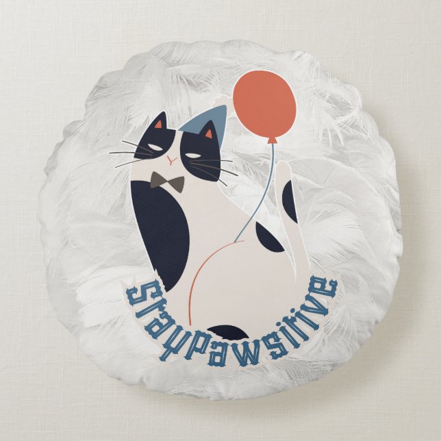 Whimsical Tuxedo Cat Stay Pawsitive Round Throw Pi Rundes Kissen (Vorderseite)