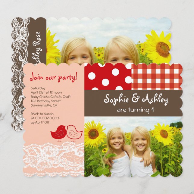 Whimsical Twin Birds Lace Birthday Party Einladung (Vorne/Hinten)