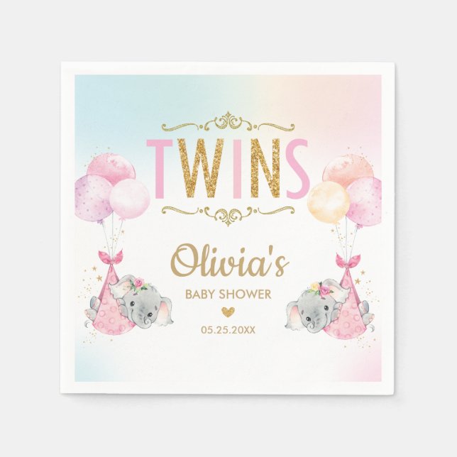 Whimsical Twin Girls Elephant Baby Showküche Serviette (Vorderseite)