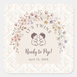 Whimsical Twins Baby Shower Pastell-Blumenmuster L Quadratischer Aufkleber