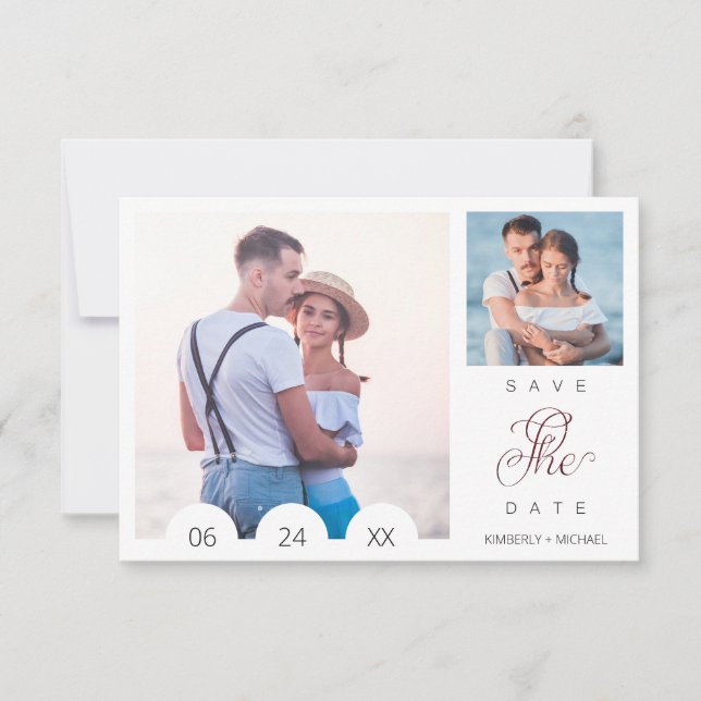 Whimsical Typography Script 2 Photo Engaged Couple Save The Date (Vorderseite)