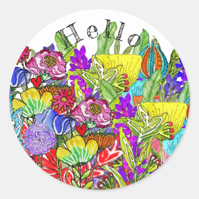 Whimsical und farbenfrohe Blume Angebot Hallo Runder Aufkleber (Vorderseite)
