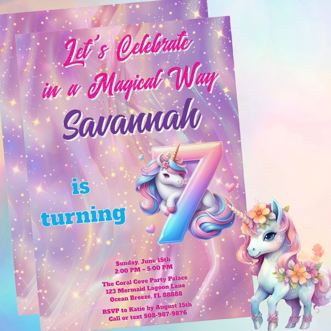 Whimsical Unicorn 7e anniversaire Invitation de la (Magical Unicorn Birthday Party Invitation)