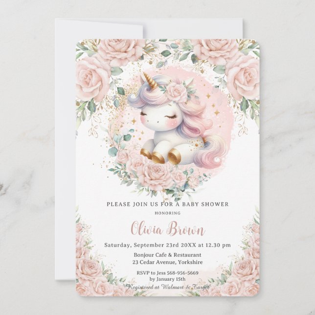 Whimsical Unicorn Blush Pink Floral Baby Dusche Einladung (Vorderseite)