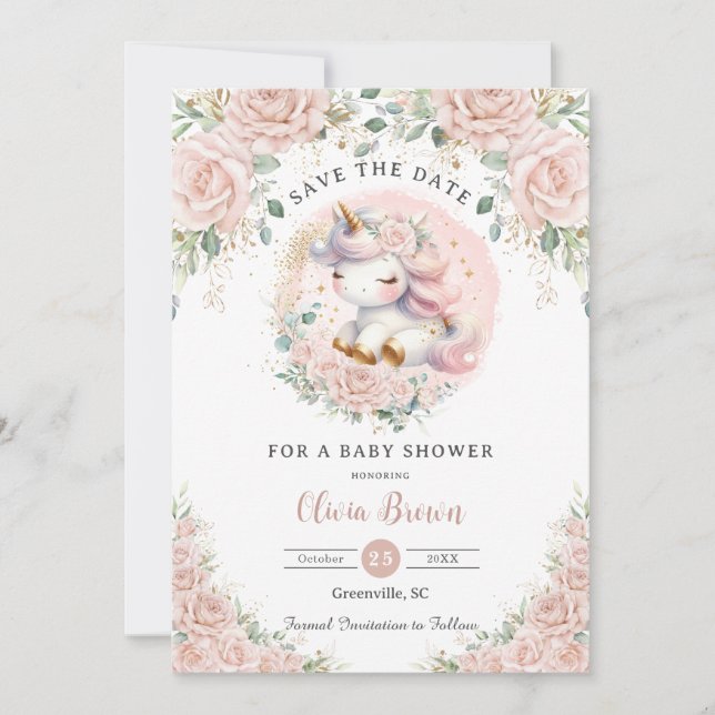 Whimsical Unicorn Blush Pink Floral Baby Dusche Save The Date (Vorderseite)