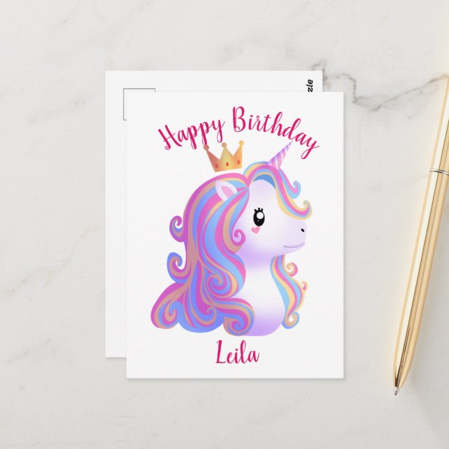 Whimsical Unicorn Geburtstag Postkarte (Vorderseite/Rückseite Beispiel)