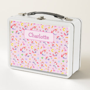 Whimsical Unicorn Muster Pink Personalisiert Metall Brotdose