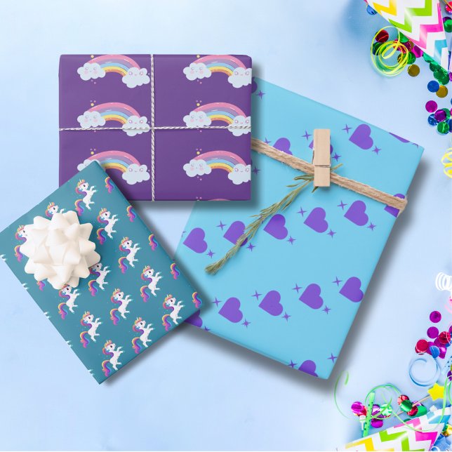 Whimsical Unicorn Rainbow Heart Wrapping Paper Geschenkpapier Set (Von Creator hochgeladen)