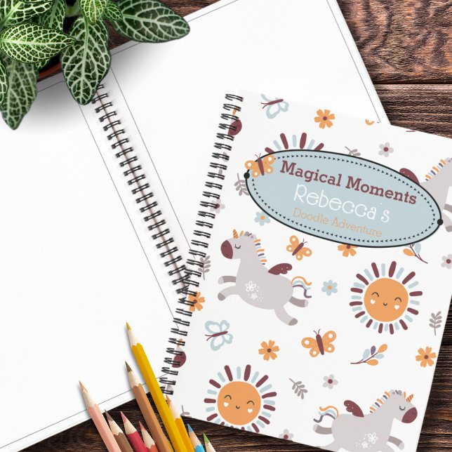 Whimsical Unicorn & Sun Kids Name Sketchbook Notizbuch (Fuel your child's artistic journey with our Whimsical Unicorn & Sun personalized sketch notebook.)