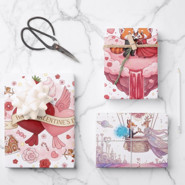 "Whimsical Valentine" gemischte Illustrationsverpa Geschenkpapier Set (Vorderseite)