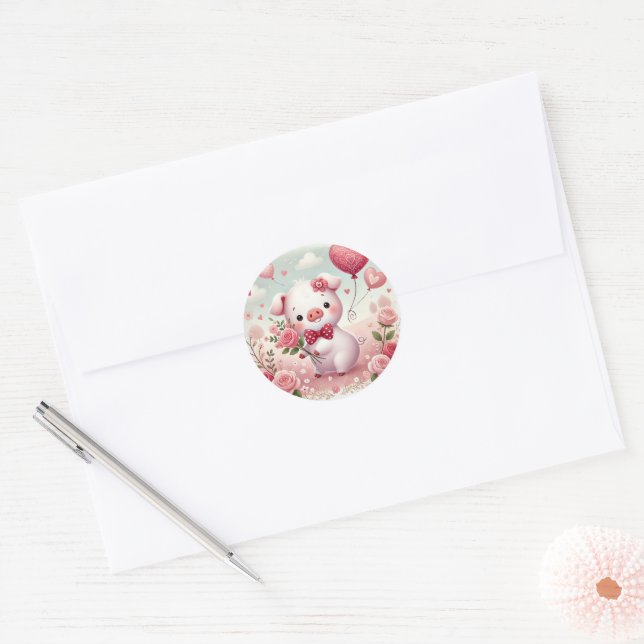 Whimsical Valentine PIg Runder Aufkleber (Umschlag)