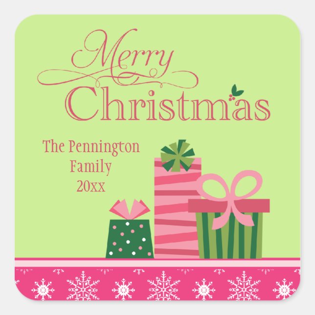 Whimsical vert rose présente autocollant de Noël (Devant)