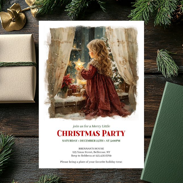 Whimsical Victorian Little Girl Awaiting Santa  Einladung (Whimsical Victorian Little Girl Awaiting Santa Printable Invite)