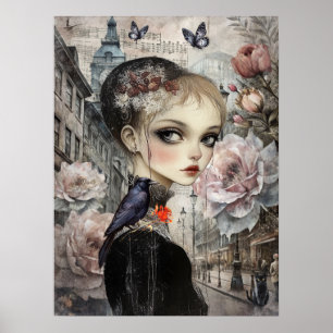 Whimsical Viktorianisch Gothic Girl & Florals Lond Poster