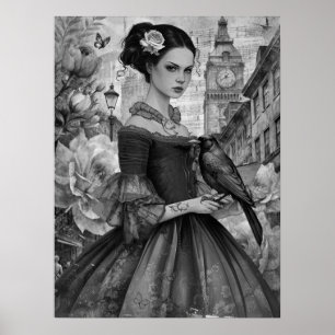 Whimsical Viktorianisch Gothic Girl & Florals Lond Poster