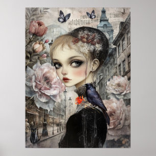 Whimsical Viktorianisch Gothic Girl & Florals Lond Poster