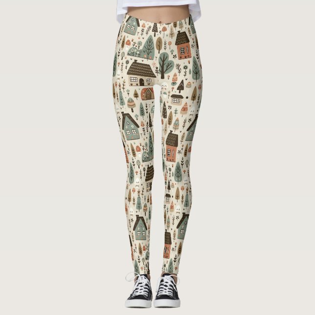 Whimsical Village with Cottages and Trees Leggings (Vorderseite)