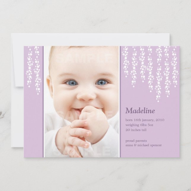 Whimsical Vines Birth Announcement Lilac Card Ankündigung (Vorderseite)