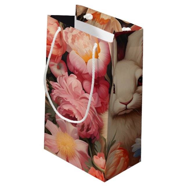 Whimsical Vintag Bunny Spring blüht Kleine Geschenktüte (Rückseite Schrägansicht)