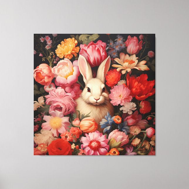 Whimsical Vintag Bunny Spring blüht Leinwanddruck (Vorderseite)