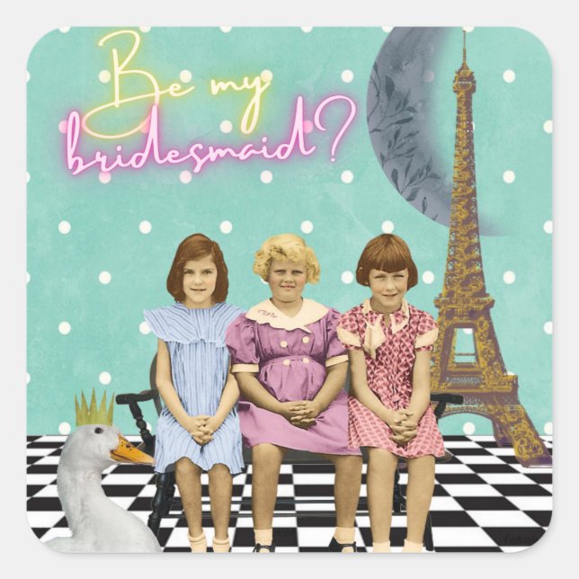 Whimsical Vintag Kids Bridesmaid Anfrage Quadratischer Aufkleber (Vorderseite)