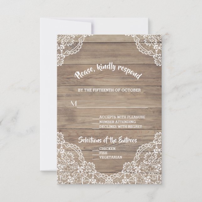 Whimsical Vintag Lace Old Barn Wedding RSVP Karte (Vorderseite)