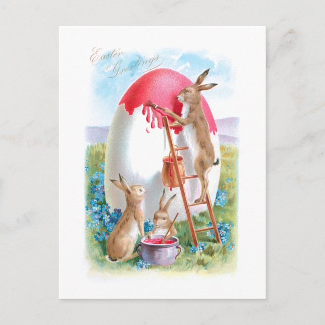 Whimsical Vintag Osterbrunnes und Rieseneier Postkarte (Vorderseite)