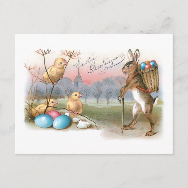 Whimsical Vintag Osterhase, Hähnchen und Eier Postkarte (Vorderseite)