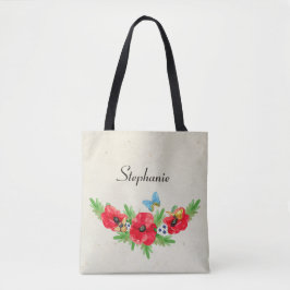 Whimsical Vintag Red Poppe Wasserfarbe mit Namen Tasche