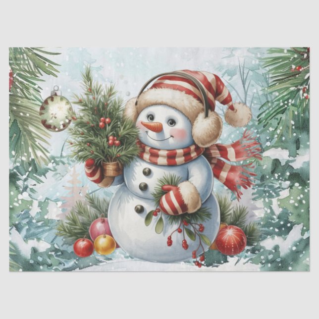 Whimsical Vintage Decoupage Christmas Snowman Seidenpapier (Vorderseite)