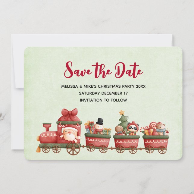 Whimsical Vintage Weihnachtszug mit Spielzeug Save The Date (Vorderseite)