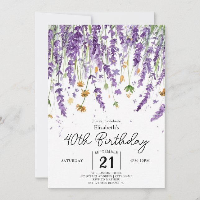 Whimsical Vintage Wildblumen 40. Geburtstag Einladung (Vorderseite)