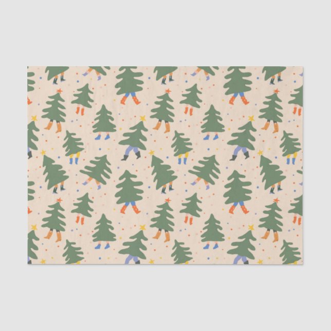 Whimsical Walking Weihnachtsbaummuster Seidenpapier (Vorderseite)
