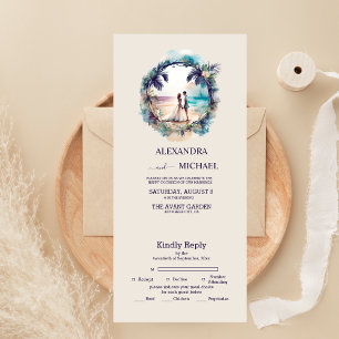 Whimsical Watercolor Beach Hochzeit in Urlaubsort All In One Einladung