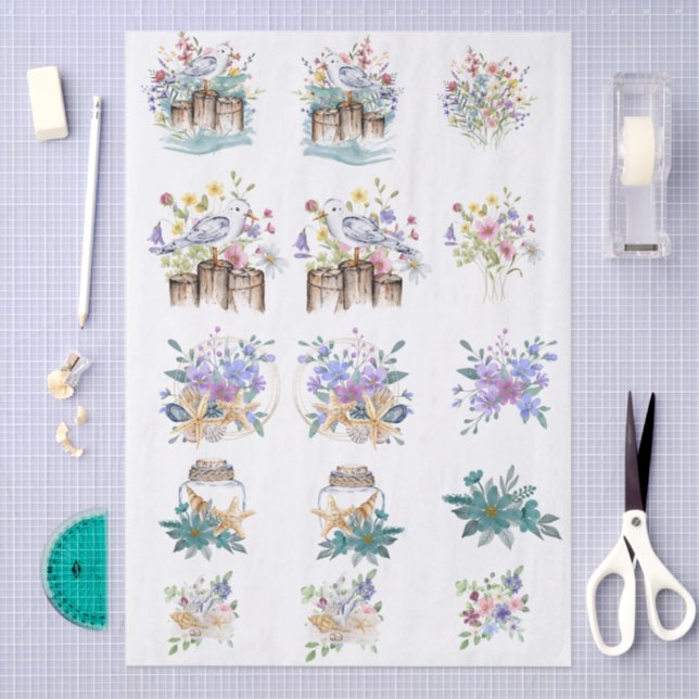 Whimsical Watercolor Beachy Florals & Shells  Seidenpapier (Handwerk)