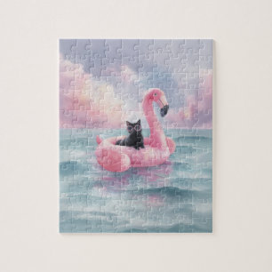 Whimsical Watercolor Black Cat Flamingo Float