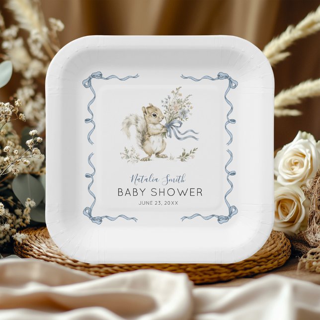 Whimsical Watercolor Blaue Eichhörnchen-Baby-Party Pappteller (Von Creator hochgeladen)