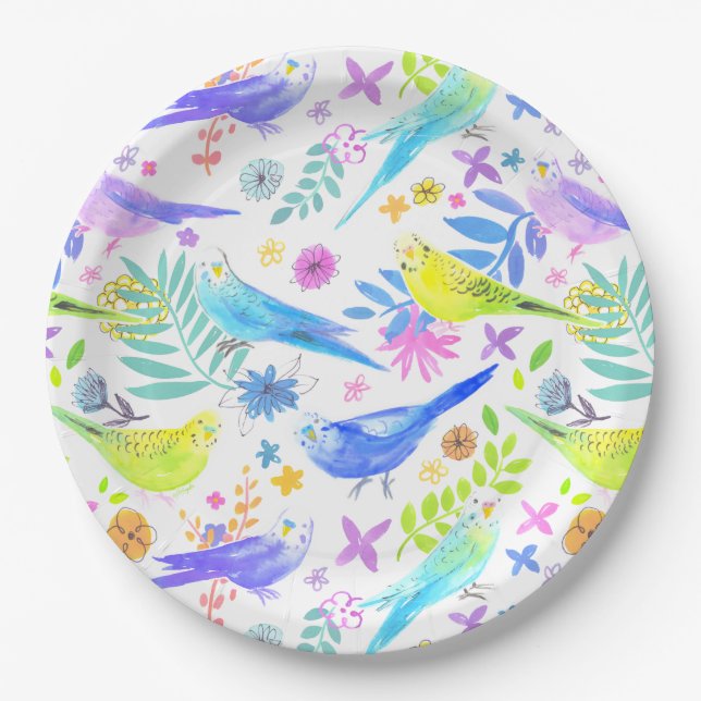Whimsical Watercolor Budgie Parakeets Pappteller (Vorderseite)