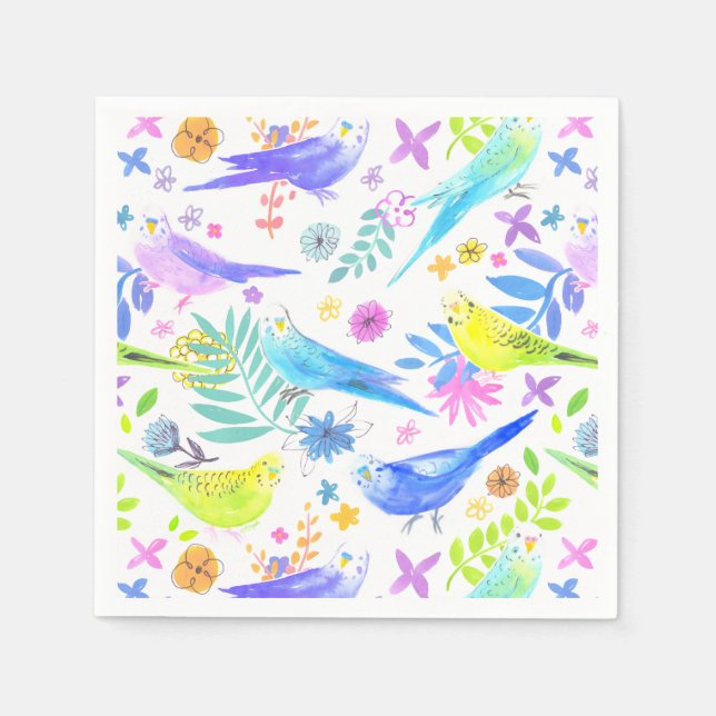 Whimsical Watercolor Budgie Parakeets Serviette (Vorderseite)