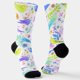 Whimsical Watercolor Budgie Parakeets Socken