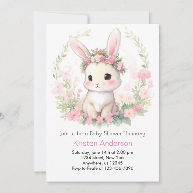 Whimsical Watercolor Bunny Girl Baby Dusche Einladung (Vorderseite)