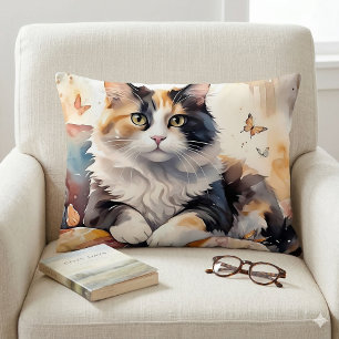 Whimsical Watercolor Calico Cat and Butterfells Dekokissen