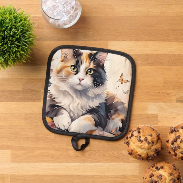 Whimsical Watercolor Calico Cat and Butterfells Topflappen (Oben Unten)