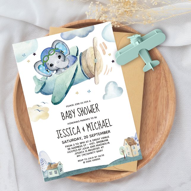 Whimsical Watercolor Elephant Airplane Babydusche Einladung (Von Creator hochgeladen)