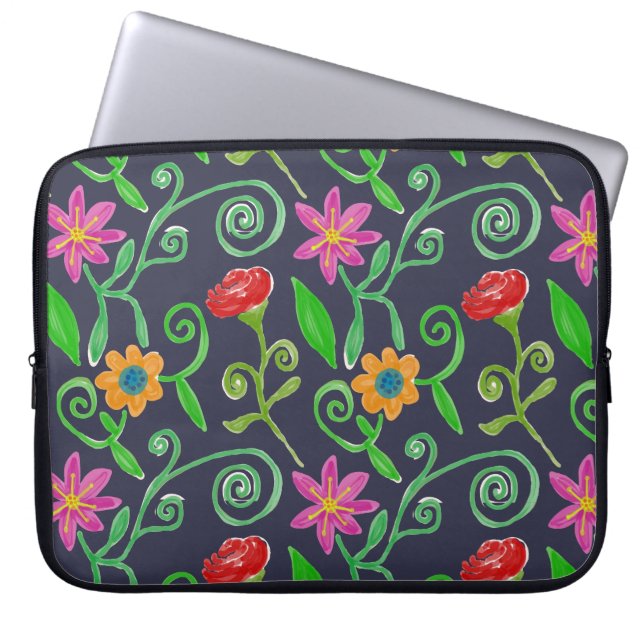Whimsical Watercolor Floral Navy Blue Laptopschutzhülle (Vorderseite)
